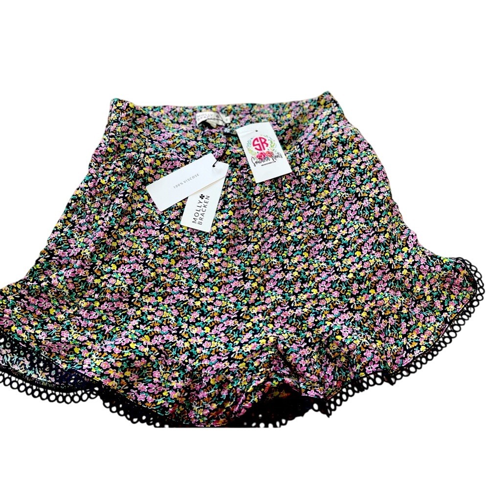 Molly Bracken Navy Annie Floral Ruffle Hem Shorts Ditsy Print Eyelet Trim Small